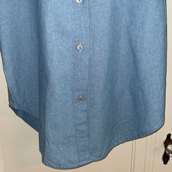 Vtg 80s M.I.C. Fashion blue denim cotton chambray short sleeve oversized shirt - Picture 3 of 8